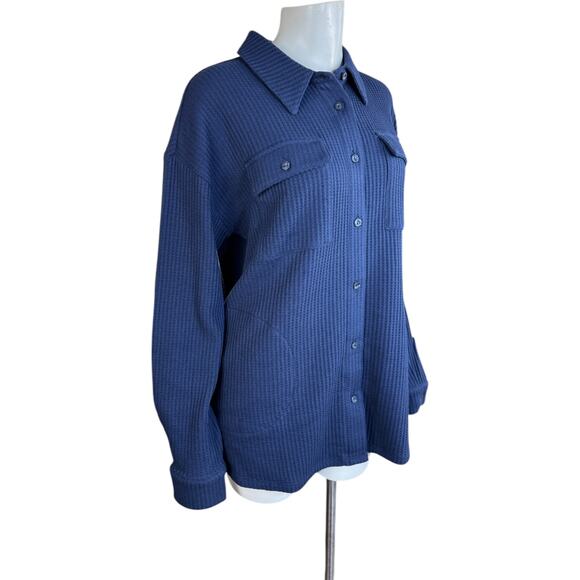 Denim & Co. Sherpa Waffle Knit Shirt Jacket Navy Small NWOT Winter Casual Pocket - Picture 2 of 14